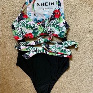 Tropical knit front halter one piece swimsuit